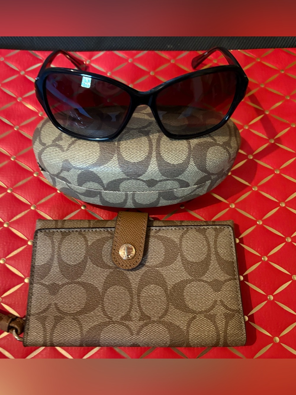 Coach Brown/Tan Signature Canvas Wallet and sunglasses set